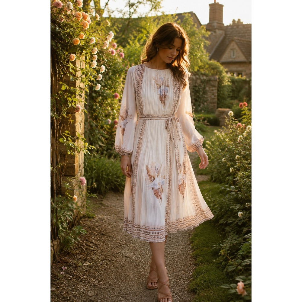 VTG! Hal Ferman Cream Sheer Floral Accordion Pleated Midi Dress 70s Cottagecore‎